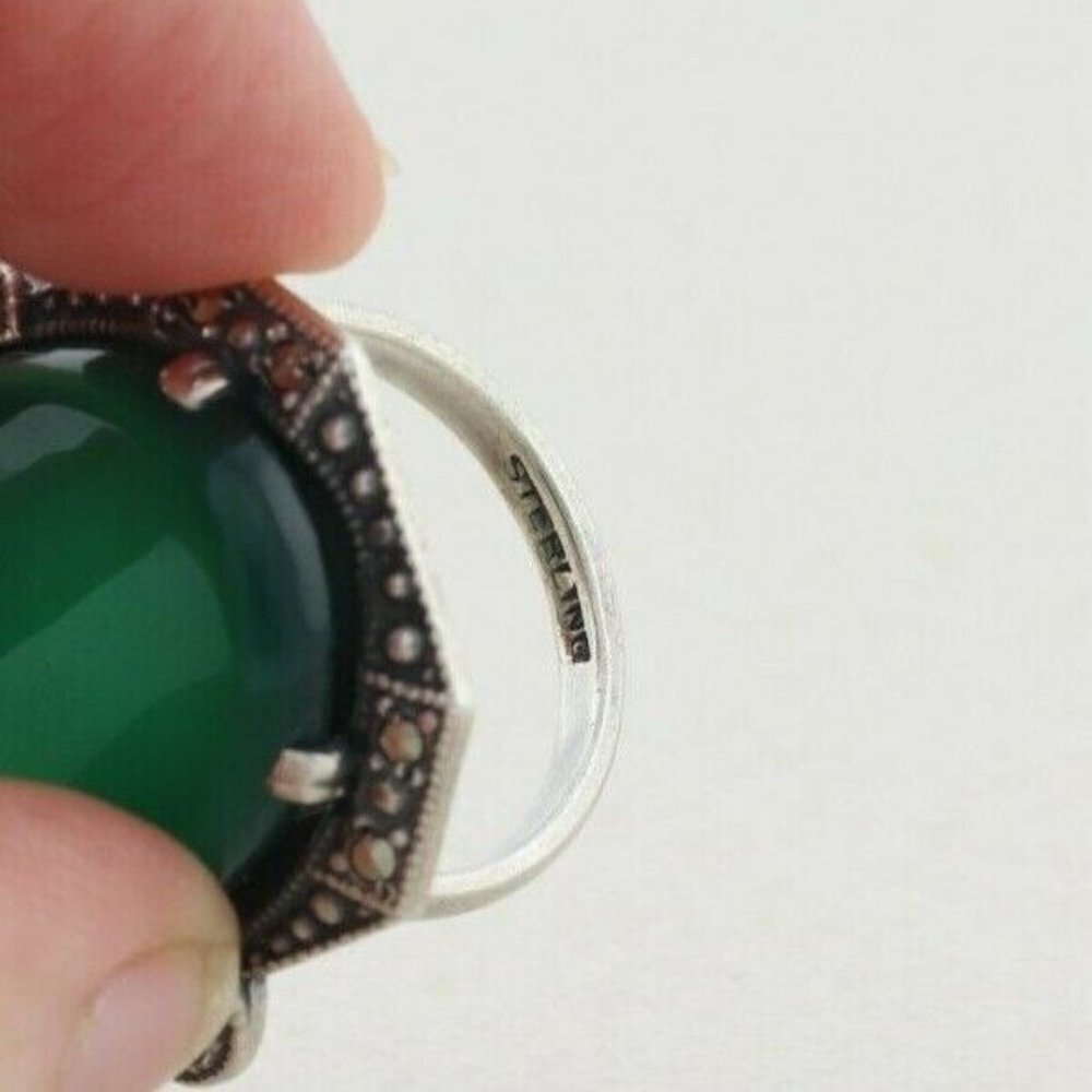 Sterling Silver Green Onyx and Marcasite Ring Art Deco Ring Size 5 - Picture 7 of 8